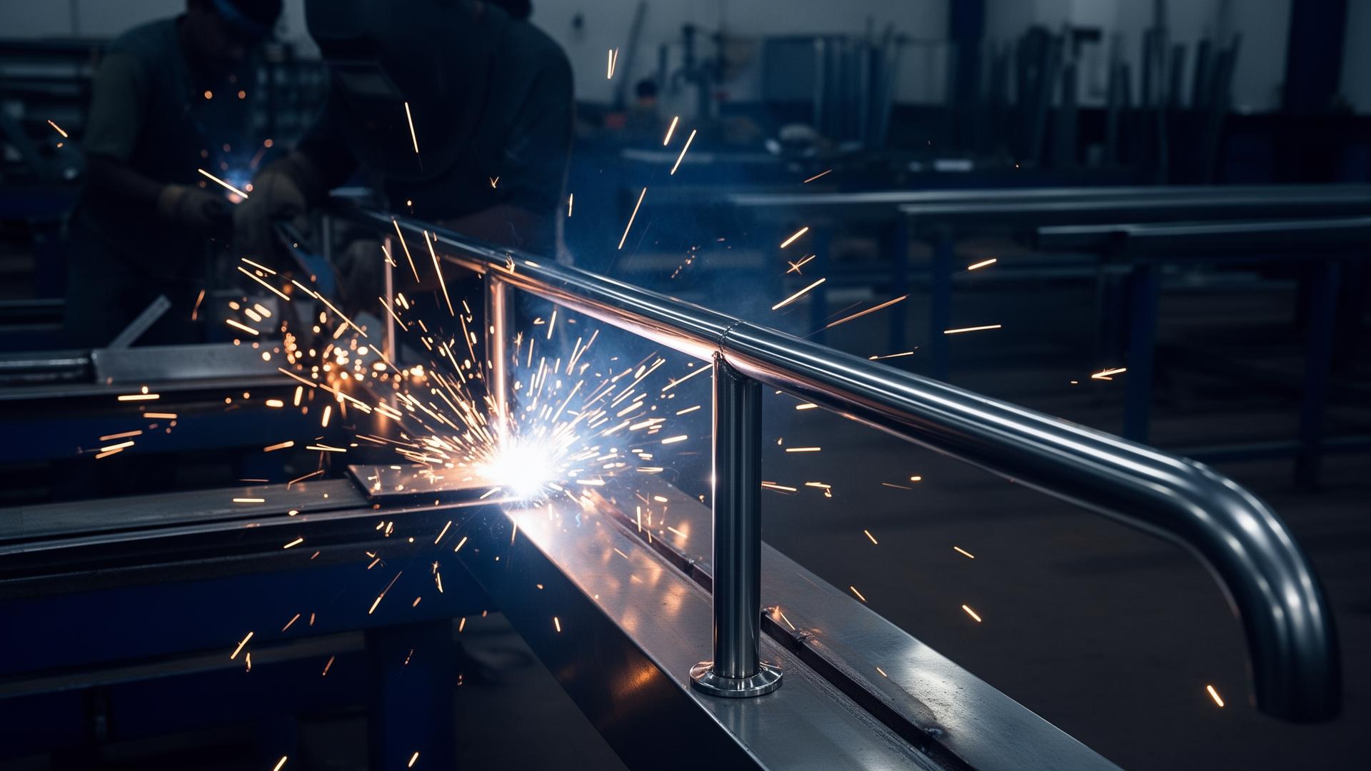 Stainless steel handrail being welded in PS Steels workshop, Kerala